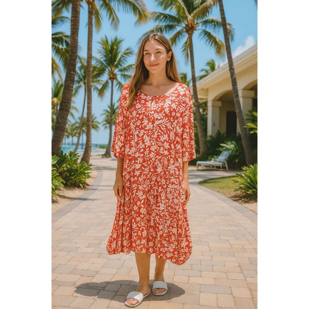 Old Navy Floral Midi Dress XXL Orange White Soft Knit Summer Beach Resort